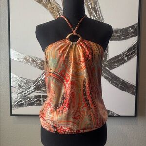 Rave Paisley Halter Tank Top in Orange and Teal